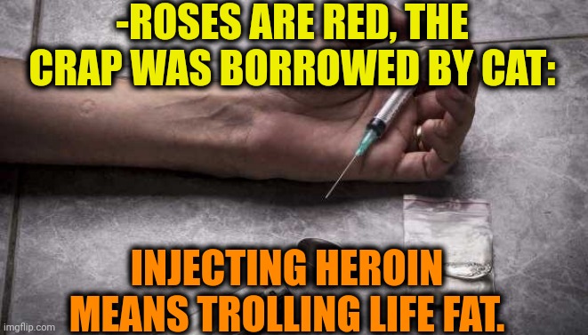 -Very culpable way. | -ROSES ARE RED, THE CRAP WAS BORROWED BY CAT:; INJECTING HEROIN MEANS TROLLING LIFE FAT. | image tagged in heroin,don't do drugs,meme addict,roses are red,verse,trolling the troll | made w/ Imgflip meme maker