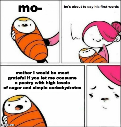 He is About to Say His First Words | mo-; mother I would be most grateful if you let me consume a pastry with high levels of sugar and simple carbohydrates | image tagged in he is about to say his first words | made w/ Imgflip meme maker