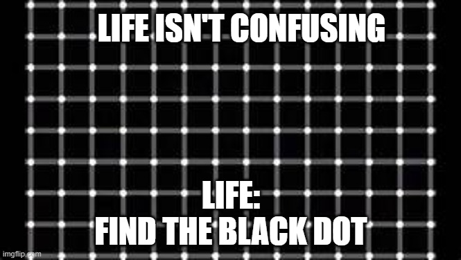 Life in a nutshell |  LIFE ISN'T CONFUSING; LIFE:
FIND THE BLACK DOT | image tagged in find the black dot | made w/ Imgflip meme maker