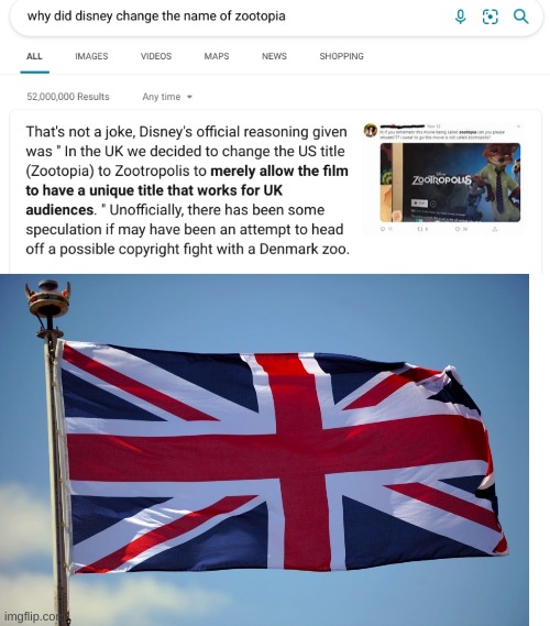 damn britain. and disney. the orignial name sounded better -_- | image tagged in british flag,zootropilis | made w/ Imgflip meme maker