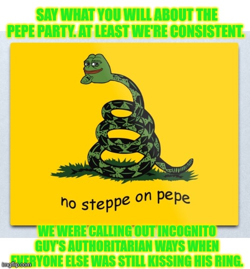 SAY WHAT YOU WILL ABOUT THE PEPE PARTY. AT LEAST WE'RE CONSISTENT. WE WERE CALLING OUT INCOGNITO GUY'S AUTHORITARIAN WAYS WHEN EVERYONE ELSE | made w/ Imgflip meme maker