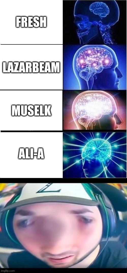 just some epic ALI-A memes | FRESH; LAZARBEAM; MUSELK; ALI-A | image tagged in memes,expanding brain,ali a,lazarbeam,fresh | made w/ Imgflip meme maker