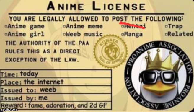 Anime license | image tagged in anime license | made w/ Imgflip meme maker