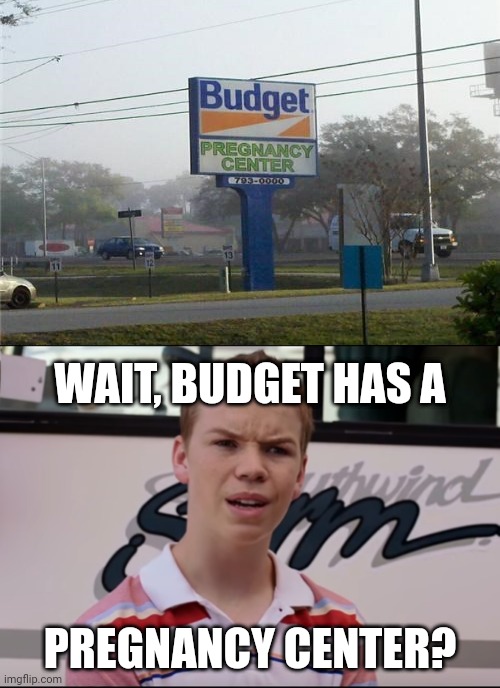 Budget sign: Pregnancy center |  WAIT, BUDGET HAS A; PREGNANCY CENTER? | image tagged in you guys are getting paid,funny,memes,budget,you had one job,you had one job just the one | made w/ Imgflip meme maker