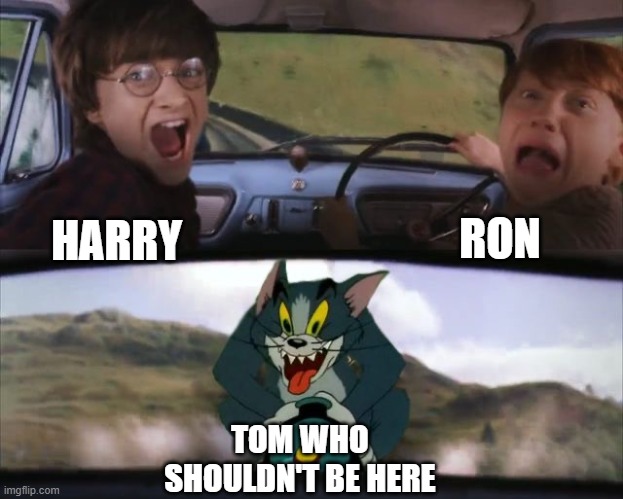 Tom chasing Harry and Ron Weasly | RON; HARRY; TOM WHO SHOULDN'T BE HERE | image tagged in tom chasing harry and ron weasly | made w/ Imgflip meme maker