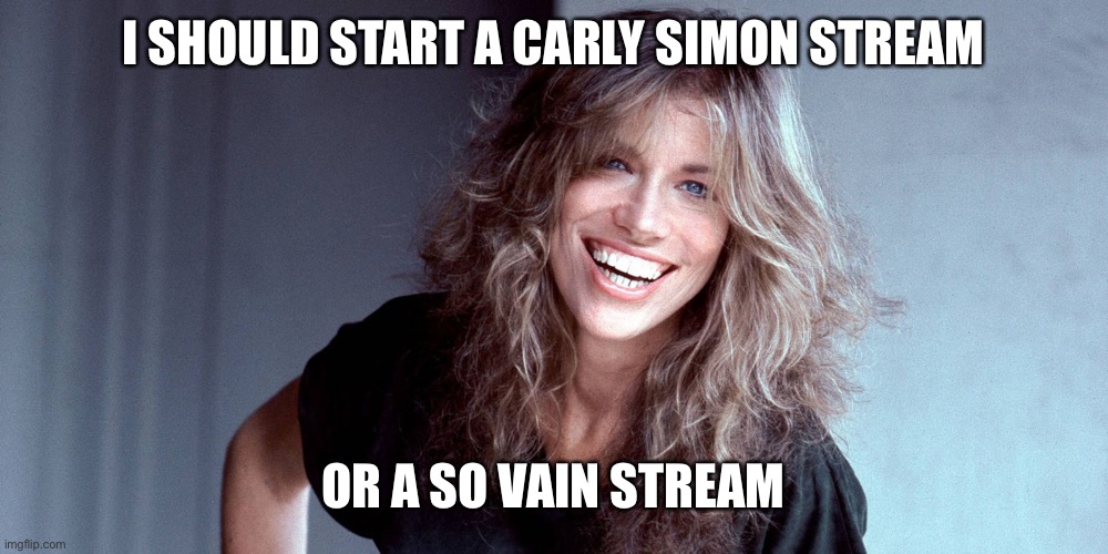 Carly Simon | I SHOULD START A CARLY SIMON STREAM OR A SO VAIN STREAM | image tagged in carly simon | made w/ Imgflip meme maker
