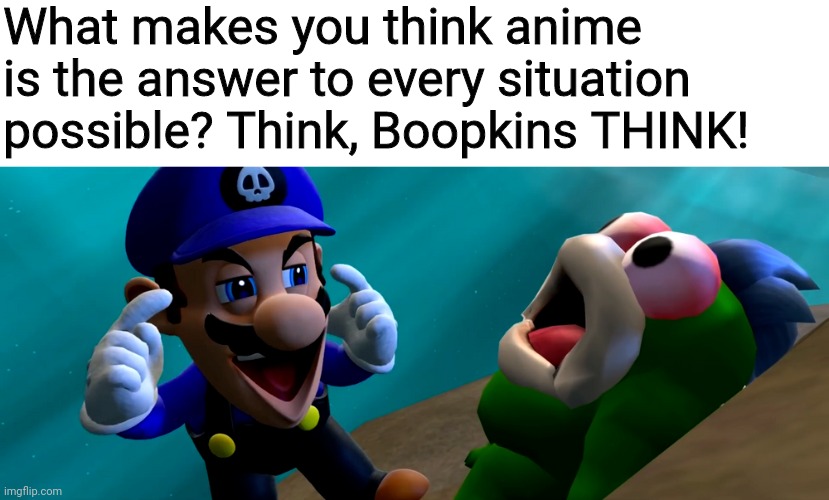 A remade version of a previous meme | What makes you think anime is the answer to every situation possible? Think, Boopkins THINK! | image tagged in think boopkins think,remastered,smg4,smg3,boopkins,fishy boopkins | made w/ Imgflip meme maker