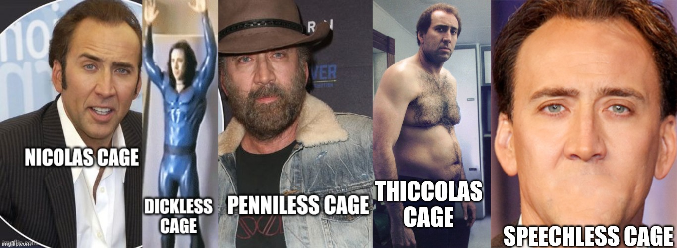5 types of cages | THICCOLAS CAGE; SPEECHLESS CAGE | image tagged in nicolas cage,cage | made w/ Imgflip meme maker