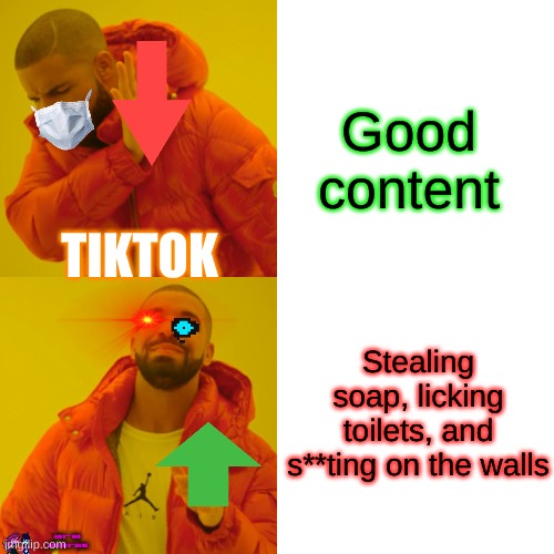 WHY CANT I TAKE A S*** IN PEACE? | Good content; TIKTOK; Stealing soap, licking toilets, and s**ting on the walls; GOD D***** KRIS WHERE THE H*** ARE WE | image tagged in memes,drake hotline bling,tiktok sucks,sans undertale,despacito,god dammit kris where the hell are we | made w/ Imgflip meme maker