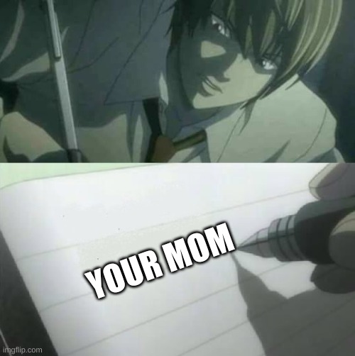 blank deathnote | YOUR MOM | image tagged in blank deathnote | made w/ Imgflip meme maker