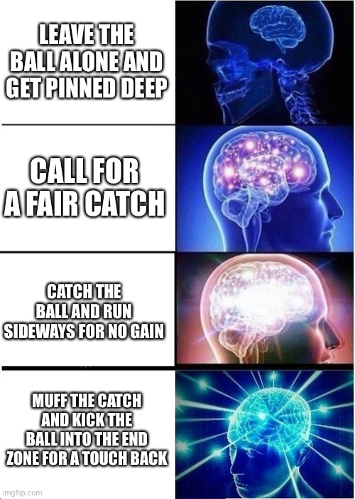 Expanding Brain Meme | LEAVE THE BALL ALONE AND GET PINNED DEEP; CALL FOR A FAIR CATCH; CATCH THE BALL AND RUN SIDEWAYS FOR NO GAIN; MUFF THE CATCH AND KICK THE BALL INTO THE END ZONE FOR A TOUCH BACK | image tagged in memes,expanding brain | made w/ Imgflip meme maker