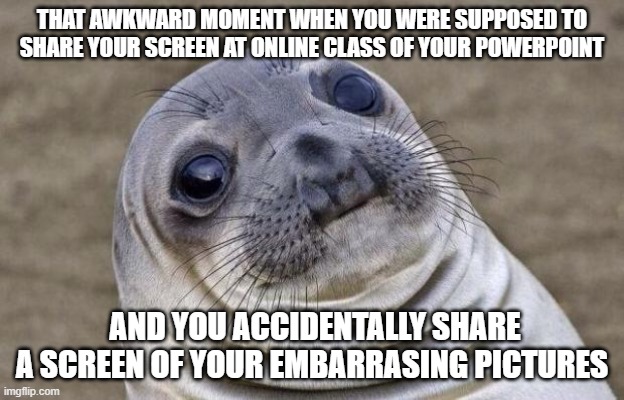 Awkward Moment Sealion Meme | THAT AWKWARD MOMENT WHEN YOU WERE SUPPOSED TO SHARE YOUR SCREEN AT ONLINE CLASS OF YOUR POWERPOINT; AND YOU ACCIDENTALLY SHARE A SCREEN OF YOUR EMBARRASING PICTURES | image tagged in memes,awkward moment sealion | made w/ Imgflip meme maker