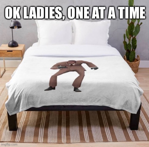 Best sleep Ever | OK LADIES, ONE AT A TIME | image tagged in fun,memes,tf2,bed,spy | made w/ Imgflip meme maker