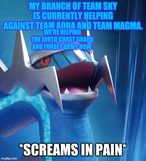 No need to be afraid! | MY BRANCH OF TEAM SKY IS CURRENTLY HELPING AGAINST TEAM AQUA AND TEAM MAGMA. WE'RE HELPING THE JOHTO COAST GUARD AND FURRET ARMY NOW. | image tagged in dialga screams in pain | made w/ Imgflip meme maker