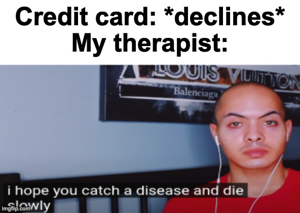 Therapists | Credit card: *declines*
My therapist: | image tagged in i hope you catch a disease and die slowly | made w/ Imgflip meme maker