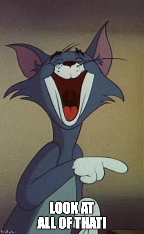 Tom the Cat (Tom and Jerry) Laughing and Pointing | LOOK AT ALL OF THAT! | image tagged in tom the cat tom and jerry laughing and pointing | made w/ Imgflip meme maker