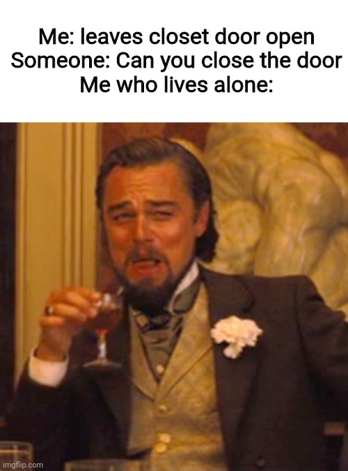 Title | Me: leaves closet door open
Someone: Can you close the door
Me who lives alone: | image tagged in memes,laughing leo | made w/ Imgflip meme maker