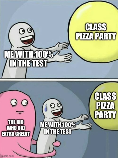 Running Away Balloon | CLASS PIZZA PARTY; ME WITH 100% IN THE TEST; CLASS PIZZA PARTY; THE KID WHO DID EXTRA CREDIT; ME WITH 100% IN THE TEST | image tagged in memes,running away balloon | made w/ Imgflip meme maker