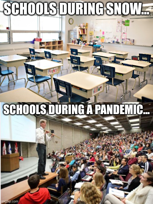 This is true | SCHOOLS DURING SNOW... SCHOOLS DURING A PANDEMIC... | image tagged in school | made w/ Imgflip meme maker