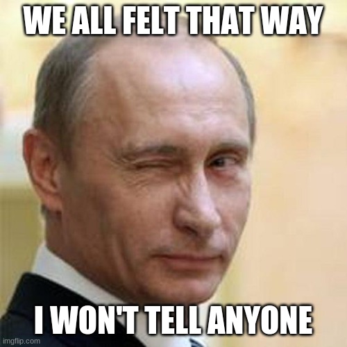 Putin Winking | WE ALL FELT THAT WAY I WON'T TELL ANYONE | image tagged in putin winking | made w/ Imgflip meme maker