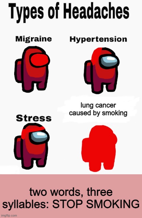 Among us types of headaches | lung cancer caused by smoking; two words, three syllables: STOP SMOKING | image tagged in among us types of headaches | made w/ Imgflip meme maker