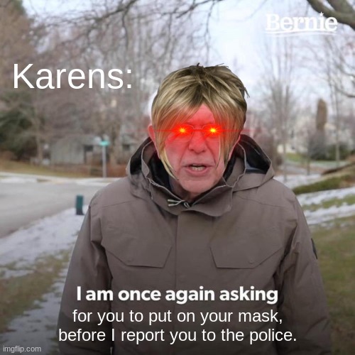 Bernie I Am Once Again Asking For Your Support Meme | Karens:; for you to put on your mask, before I report you to the police. | image tagged in memes,bernie i am once again asking for your support | made w/ Imgflip meme maker