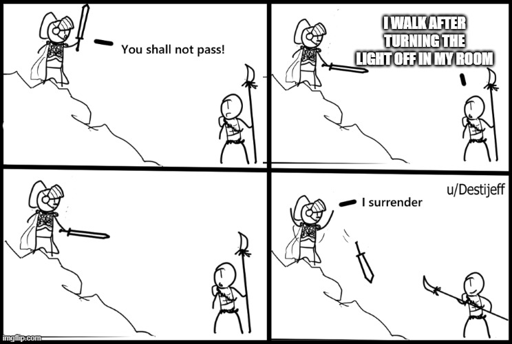 You shall not pass | I WALK AFTER TURNING THE LIGHT OFF IN MY ROOM | image tagged in random | made w/ Imgflip meme maker