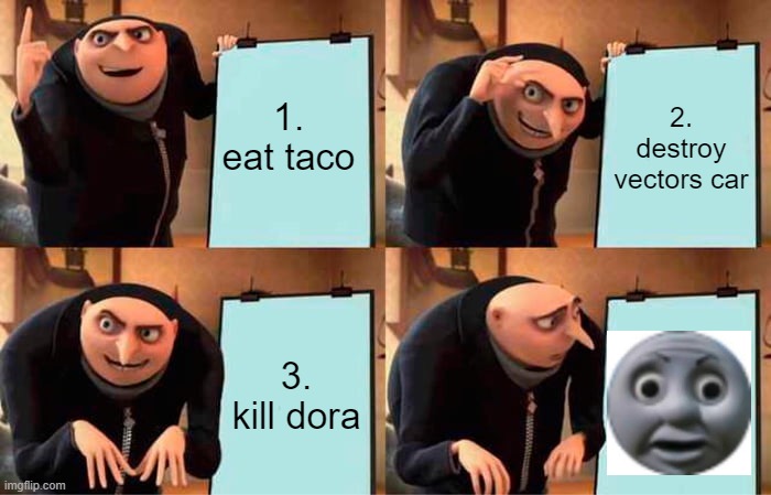 gru's stupid plan | 1. eat taco; 2. destroy vectors car; 3. kill dora | image tagged in memes,gru's plan | made w/ Imgflip meme maker