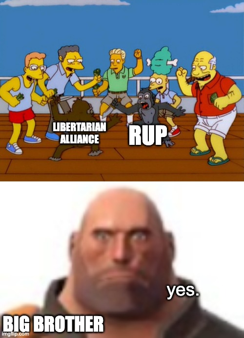 Chad Big Brother | LIBERTARIAN ALLIANCE; RUP; yes. BIG BROTHER | image tagged in simpsons monkey fight,close-up staring heavy,memes,unfunny | made w/ Imgflip meme maker