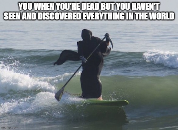 W A K E U P | YOU WHEN YOU'RE DEAD BUT YOU HAVEN'T SEEN AND DISCOVERED EVERYTHING IN THE WORLD | image tagged in surfing grim reaper | made w/ Imgflip meme maker