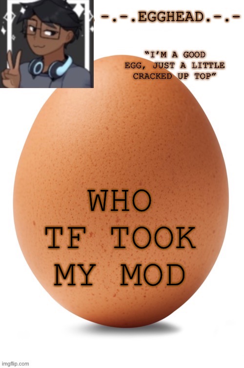  WHO TF TOOK MY MOD | image tagged in egghead temp definetley made by egghead definetly not spiro | made w/ Imgflip meme maker