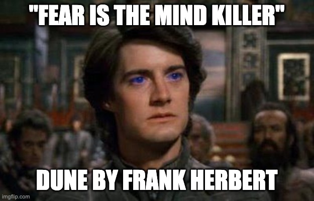 Fear is the Mind Killer | "FEAR IS THE MIND KILLER"; DUNE BY FRANK HERBERT | image tagged in dune | made w/ Imgflip meme maker