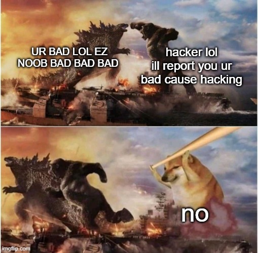 when 2 toxic people get in an arguement | hacker lol ill report you ur bad cause hacking; UR BAD LOL EZ NOOB BAD BAD BAD; no | image tagged in kong godzilla doge | made w/ Imgflip meme maker
