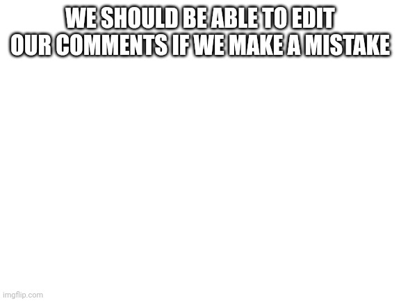 It's really annoying when I have to delete and rewrite an entire comment because of one error | WE SHOULD BE ABLE TO EDIT OUR COMMENTS IF WE MAKE A MISTAKE | image tagged in blank white template | made w/ Imgflip meme maker
