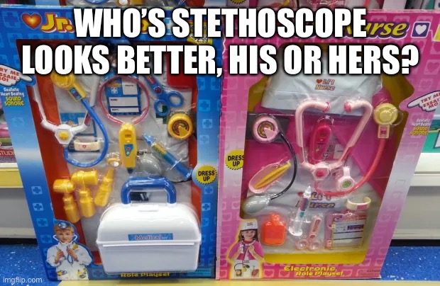 Acoustic Medical Device | WHO’S STETHOSCOPE LOOKS BETTER, HIS OR HERS? | image tagged in constitution,law,college,medical school,education,children | made w/ Imgflip meme maker