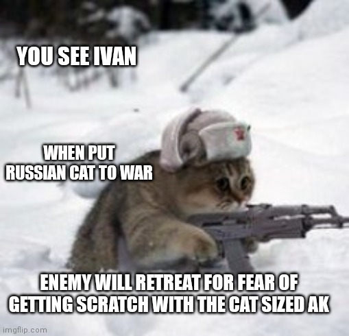 Russian Cat | YOU SEE IVAN; WHEN PUT RUSSIAN CAT TO WAR; ENEMY WILL RETREAT FOR FEAR OF GETTING SCRATCH WITH THE CAT SIZED AK | image tagged in in soviet russia,russian cat,memes,you see ivan,oh wow are you actually reading these tags | made w/ Imgflip meme maker