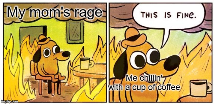 Fine indeed | My mom's rage; Me chillin' with a cup of coffee | image tagged in memes,this is fine | made w/ Imgflip meme maker