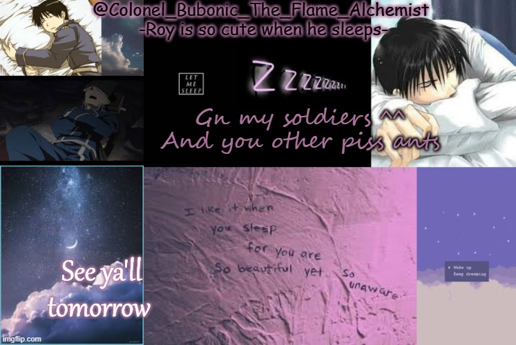Sleepy Roy tempo | Gn my soldiers ^^
And you other piss ants; See ya'll tomorrow | image tagged in sleepy roy tempo | made w/ Imgflip meme maker