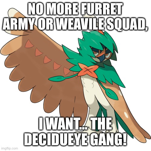 NO MORE FURRET ARMY OR WEAVILE SQUAD, I WANT… THE DECIDUEYE GANG! | made w/ Imgflip meme maker