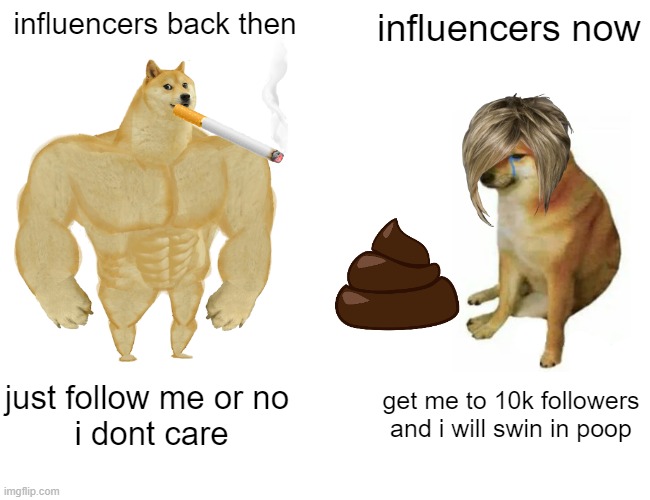 Buff Doge vs. Cheems | influencers back then; influencers now; just follow me or no 
i dont care; get me to 10k followers and i will swin in poop | image tagged in memes,buff doge vs cheems | made w/ Imgflip meme maker