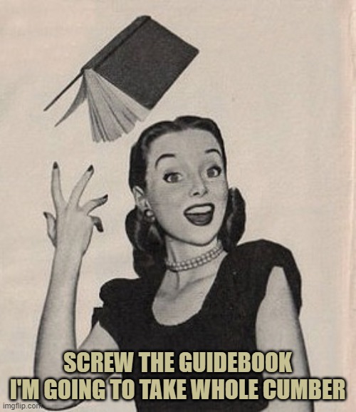 Throwing book vintage woman | SCREW THE GUIDEBOOK
I'M GOING TO TAKE WHOLE CUMBER | image tagged in throwing book vintage woman | made w/ Imgflip meme maker