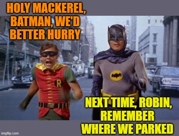 The Dynamic Duo run the streets | HOLY MACKEREL,
BATMAN, WE'D
BETTER HURRY; DJ Anomalous; NEXT TIME, ROBIN,
REMEMBER
WHERE WE PARKED | image tagged in batman and robin,batman,robin,batmobile,parking | made w/ Imgflip meme maker