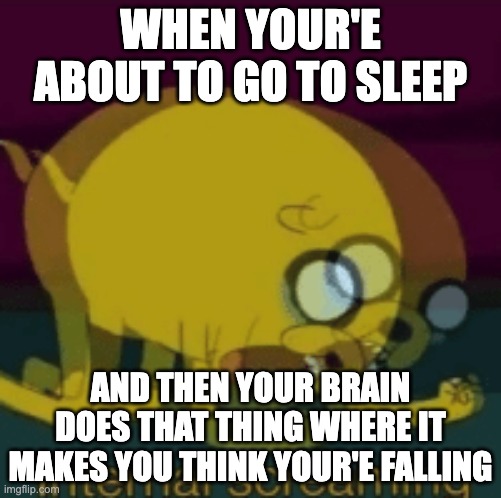 its pain | WHEN YOUR'E ABOUT TO GO TO SLEEP; AND THEN YOUR BRAIN DOES THAT THING WHERE IT MAKES YOU THINK YOUR'E FALLING | image tagged in jake the dog internal screaming | made w/ Imgflip meme maker