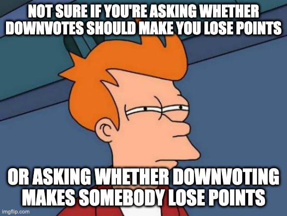 Futurama Fry Meme | NOT SURE IF YOU'RE ASKING WHETHER DOWNVOTES SHOULD MAKE YOU LOSE POINTS OR ASKING WHETHER DOWNVOTING MAKES SOMEBODY LOSE POINTS | image tagged in memes,futurama fry | made w/ Imgflip meme maker
