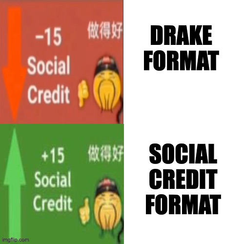 hello | DRAKE FORMAT; SOCIAL CREDIT FORMAT | image tagged in social credit | made w/ Imgflip meme maker