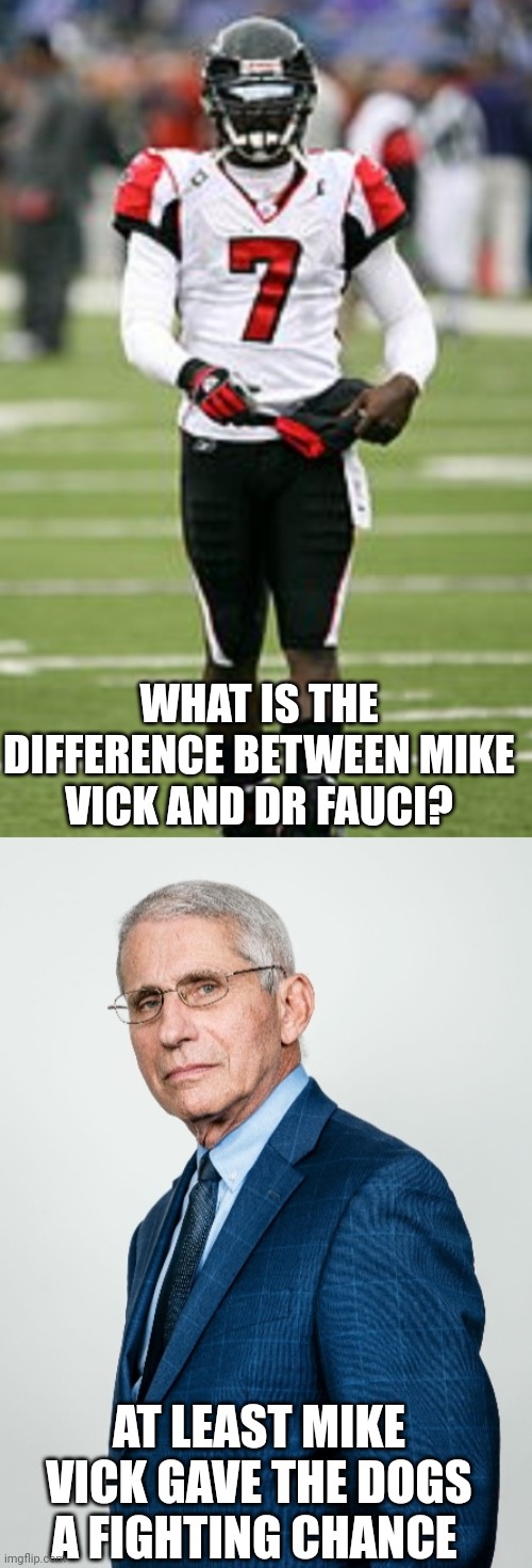 WHAT IS THE DIFFERENCE BETWEEN MIKE VICK AND DR FAUCI? AT LEAST MIKE VICK GAVE THE DOGS A FIGHTING CHANCE | image tagged in fauci,mike vick | made w/ Imgflip meme maker