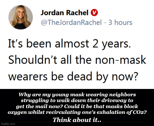 Masks | Why are my young mask wearing neighbors struggling to walk down their driveway to get the mail now? Could it be that masks block oxygen whilst recirculating one's exhalation of CO2? Think about it.. | image tagged in masks | made w/ Imgflip meme maker