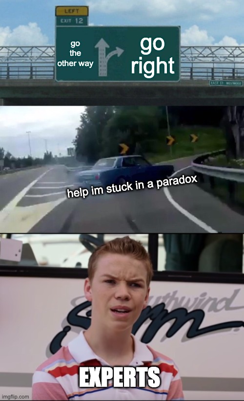 go the other way; go right; help im stuck in a paradox; EXPERTS | image tagged in memes,left exit 12 off ramp,you guys are getting paid,funny | made w/ Imgflip meme maker