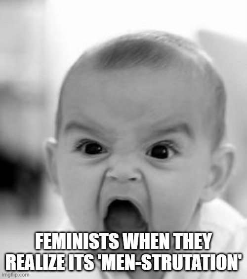 srry, i had to try out the "feminists when" memes atleast once | FEMINISTS WHEN THEY REALIZE ITS 'MEN-STRUTATION' | image tagged in memes,angry baby | made w/ Imgflip meme maker