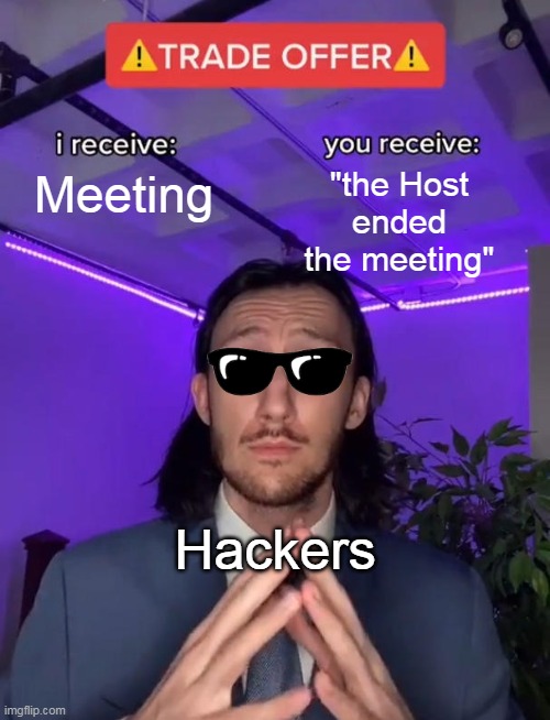 Hacker is gud guy lol | "the Host ended the meeting"; Meeting; Hackers | image tagged in trade offer | made w/ Imgflip meme maker